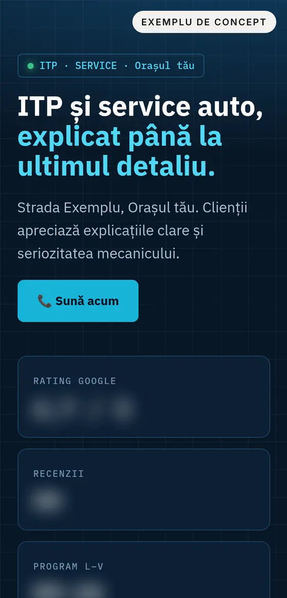 Exemplu de concept: același site de ITP și service auto, afișat pe telefon